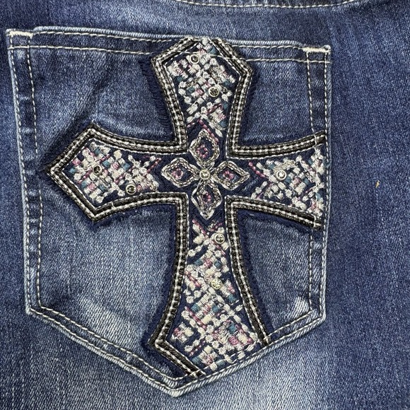 Miss Me Jeans 29 (30x31) Boot Distressed Embellished Raw Hem Cut Ankles Whiskers - Picture 3 of 16